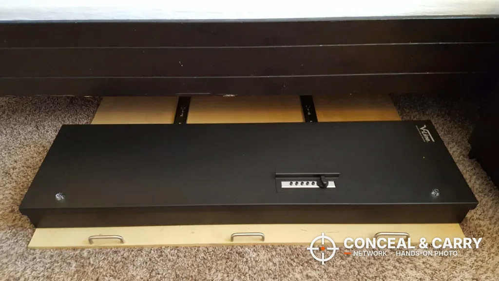 V-Line long gun safe closed and lying flat with the Simplex push-button lock on the lid