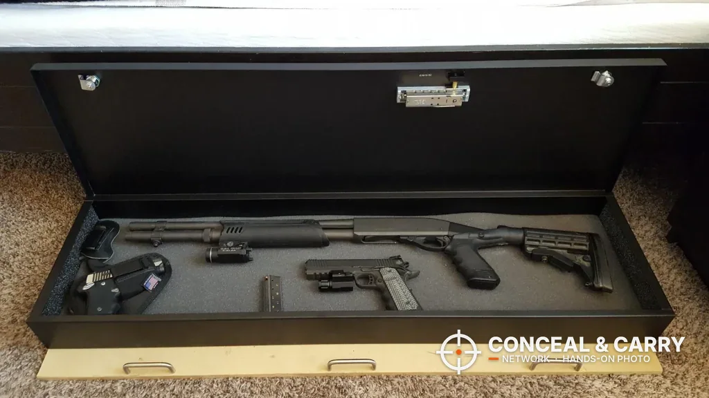 V-Line Quick Access Long Gun Safe open flat with a shotgun and a handgun inside