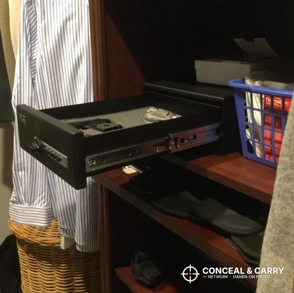 V-Line Slide-Away drawer pulled out from under a closet shelf
