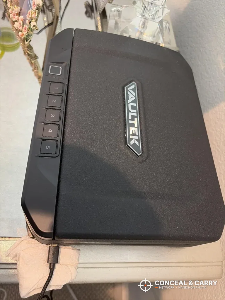Vaultek 20 Series Biometric at an angle showing the keypad row and fingerprint reader