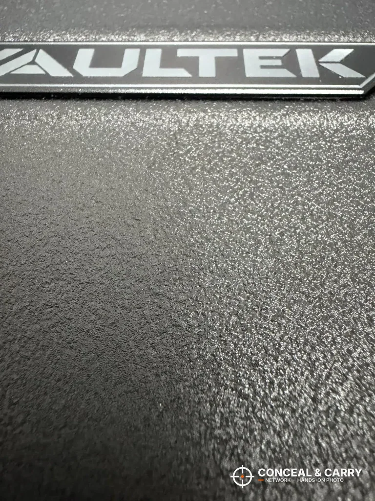 Close-up of the textured powder coat and Vaultek badge on the 20 Series lid