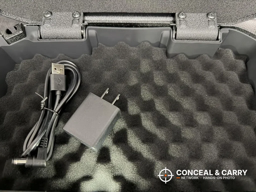 Vaultek 20 Series interior foam with a USB cable and wall adapter