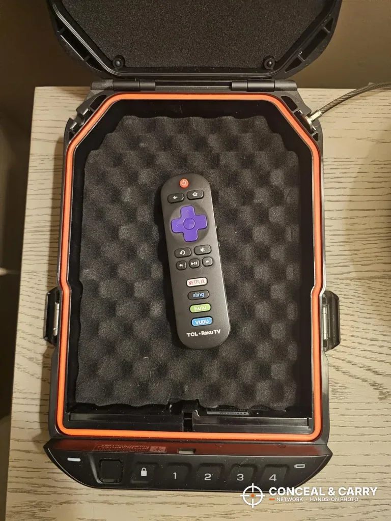 Vaultek LifePod 20 Biometric lid open showing the egg-crate foam and front keypad row