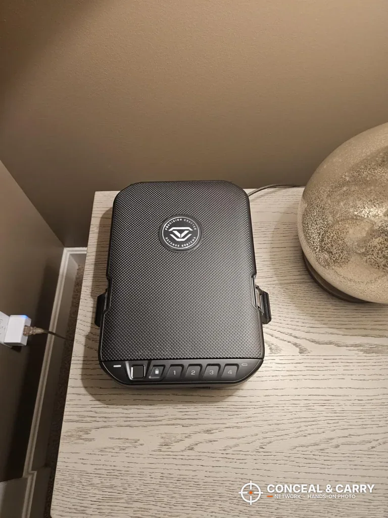 Vaultek LifePod 20 Biometric closed on a nightstand