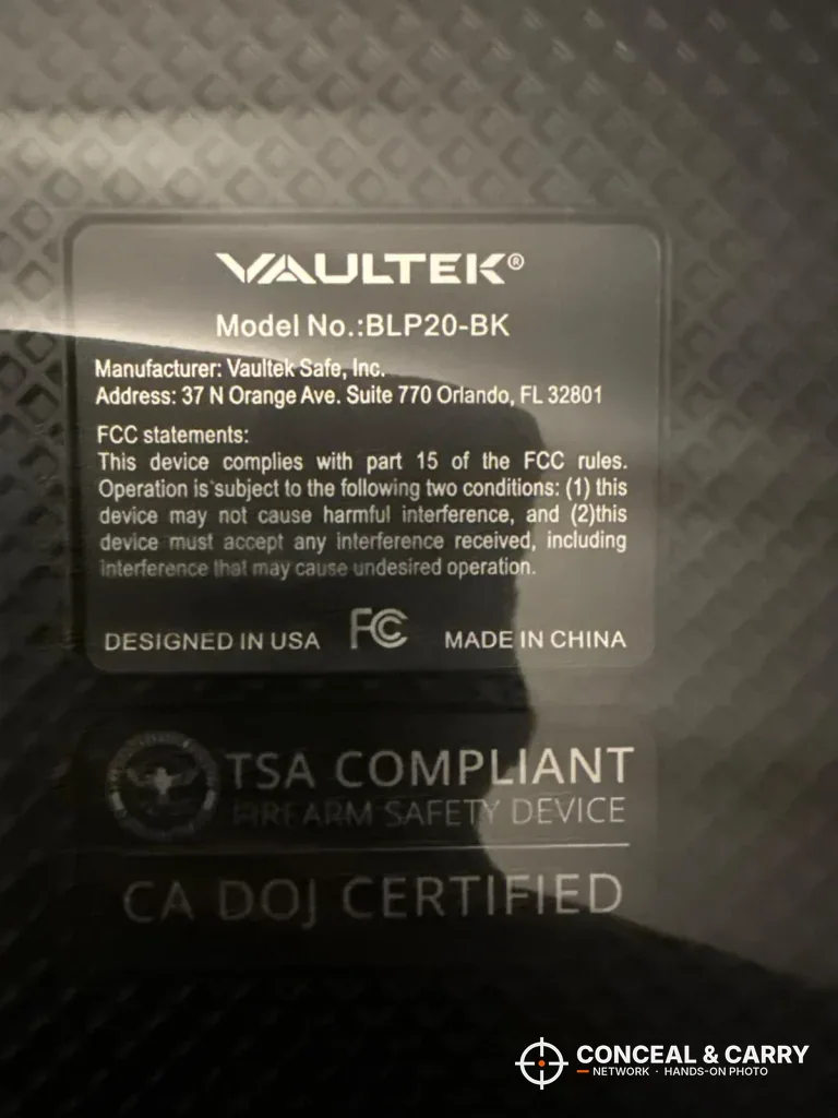 Label on the Vaultek LifePod 20 Biometric showing the model number and TSA compliant wording