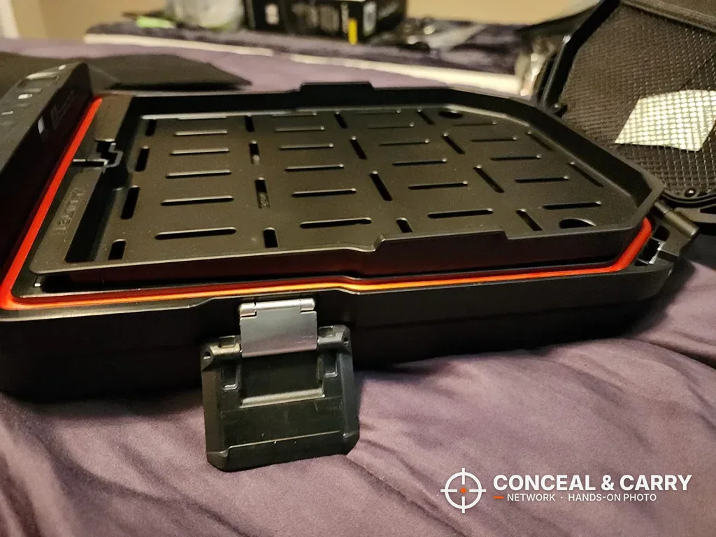 Removable slotted tray inside the Vaultek LifePod 20 Biometric with a side latch open