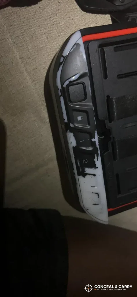 Angled close-up of the Vaultek LifePod 20 Biometric front edge with the lid open