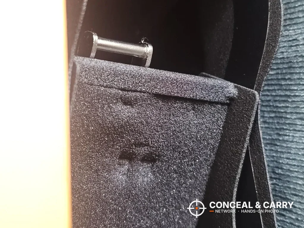 Close-up of the foam lining and hinge pin inside the VERPROOF gun safe