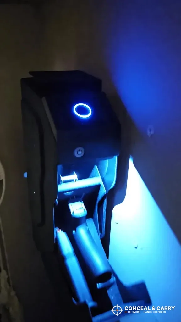 VERPROOF gun safe drawer open in the dark, lit blue by the interior LED