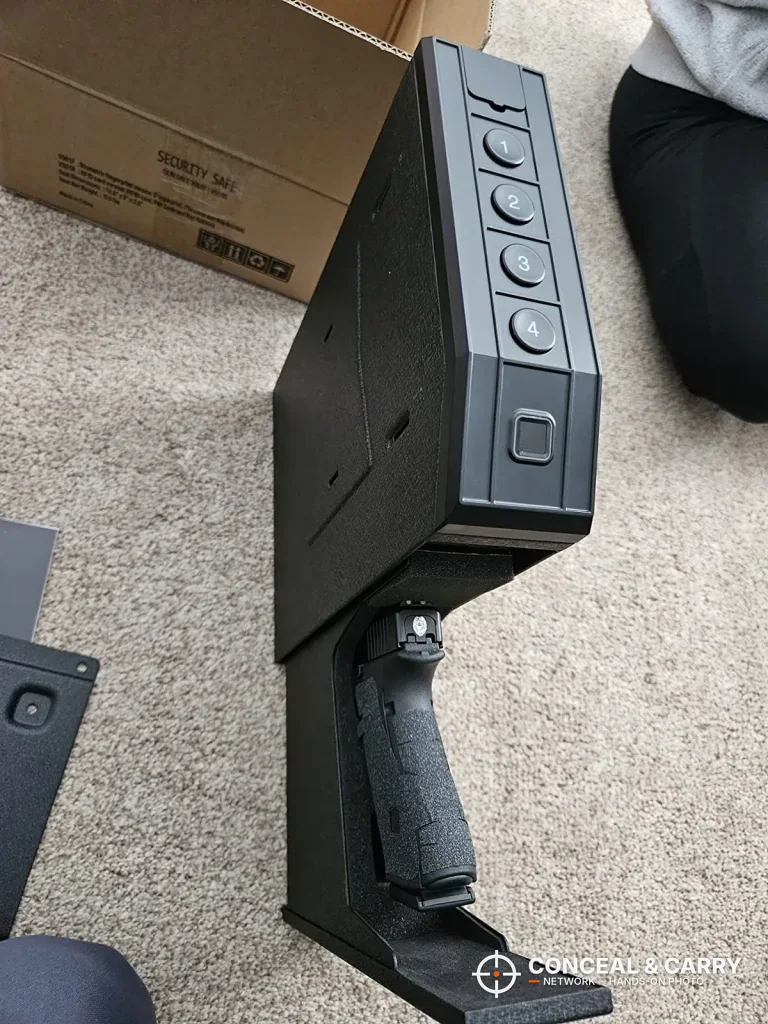 VoleStay hidden slider gun safe slid open with a pistol grip standing up