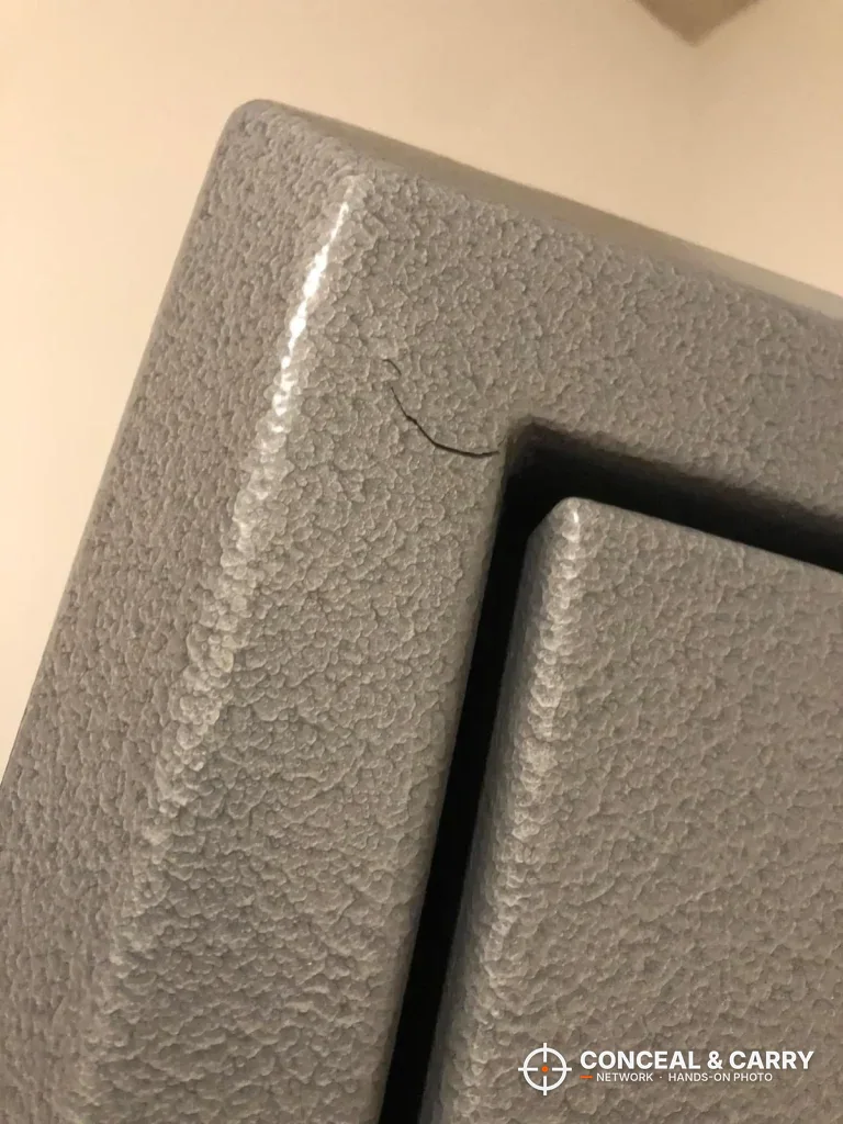Close-up of the Wasatch 18EGW door corner and textured gray finish