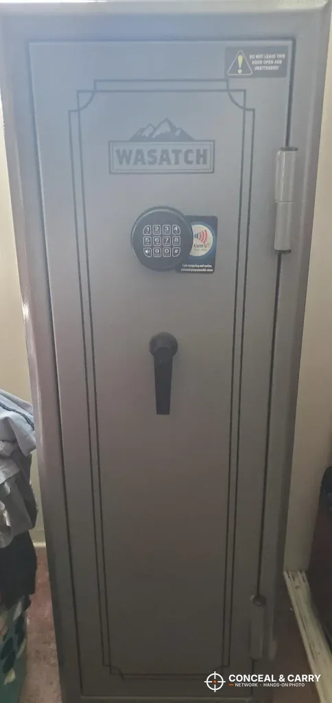 Wasatch 18EGW 18-gun safe front with the keypad and lever handle