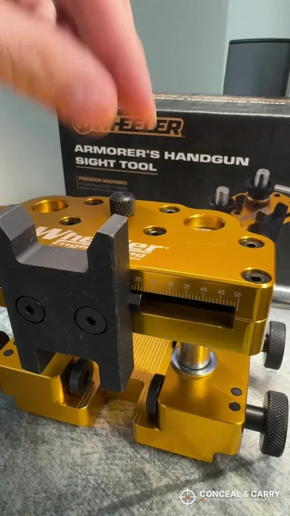 Wheeler Armorer's Handgun Sight Tool in front of its retail box