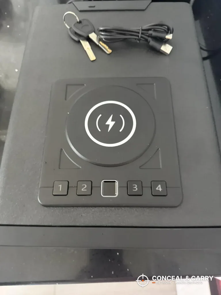XDeer safe lid with the keys and a cord laid on top