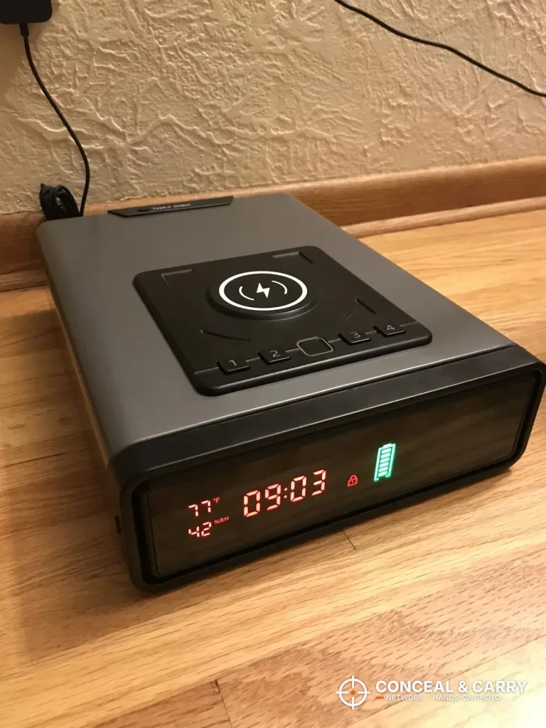 XDeer wireless charging safe at an angle showing the clock display