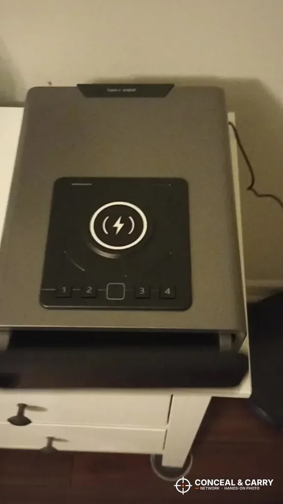 XDeer biometric safe seen from above on a nightstand