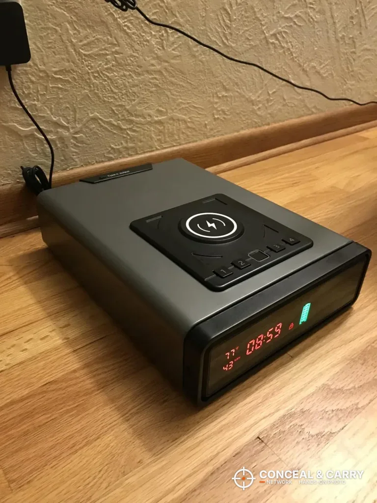 Angled side view of the XDeer wireless charging biometric safe