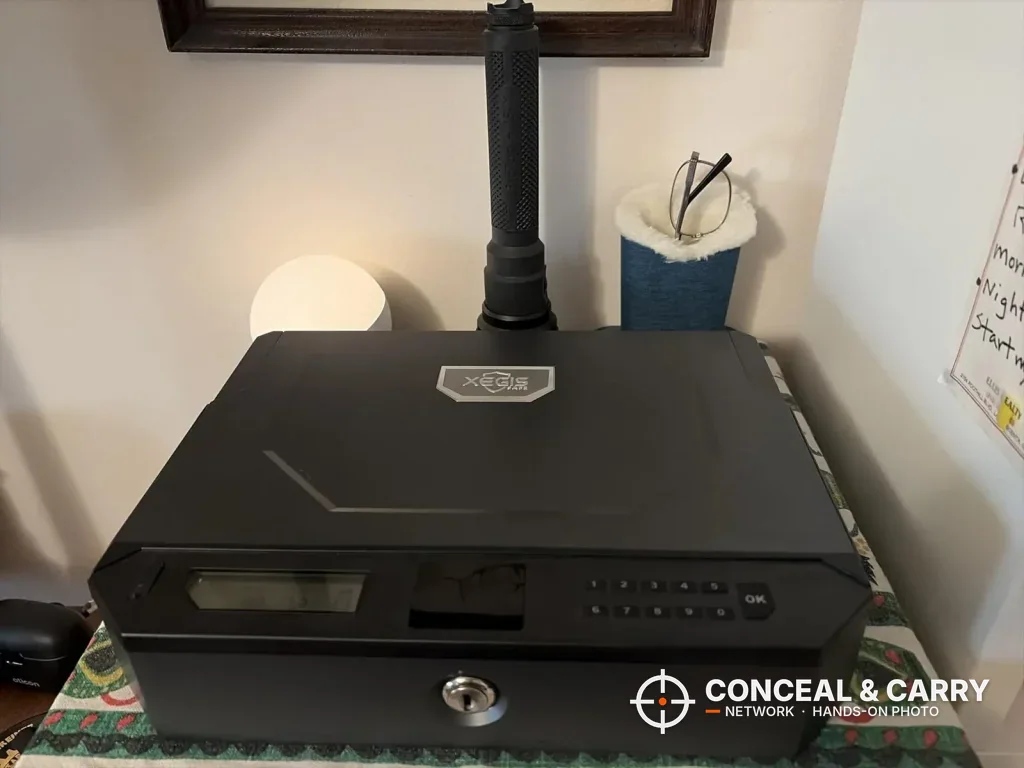 XEGIS palm vein gun safe on a dresser, front view