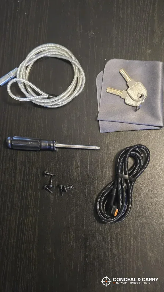 XEGIS gun safe accessories with security cable, keys, screws, driver and charging cable
