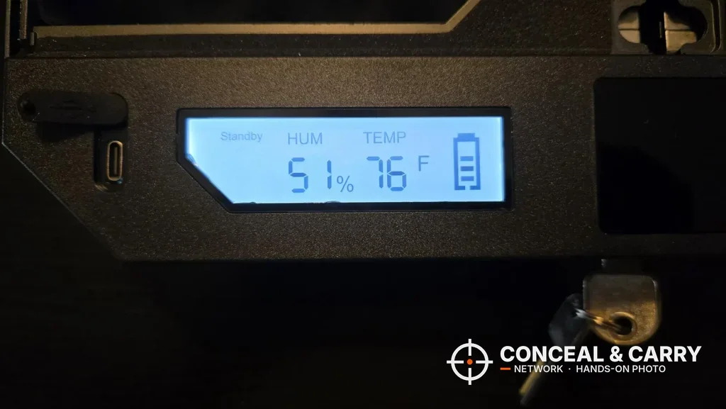 XEGIS safe display reading humidity, temperature and battery level