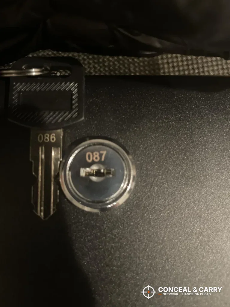 Close-up of the Younion pistol safe key lock with two keys
