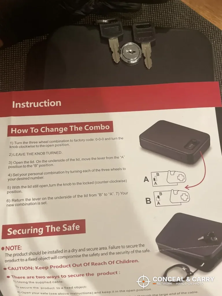 Younion pistol safe instruction sheet with the keys in the lock