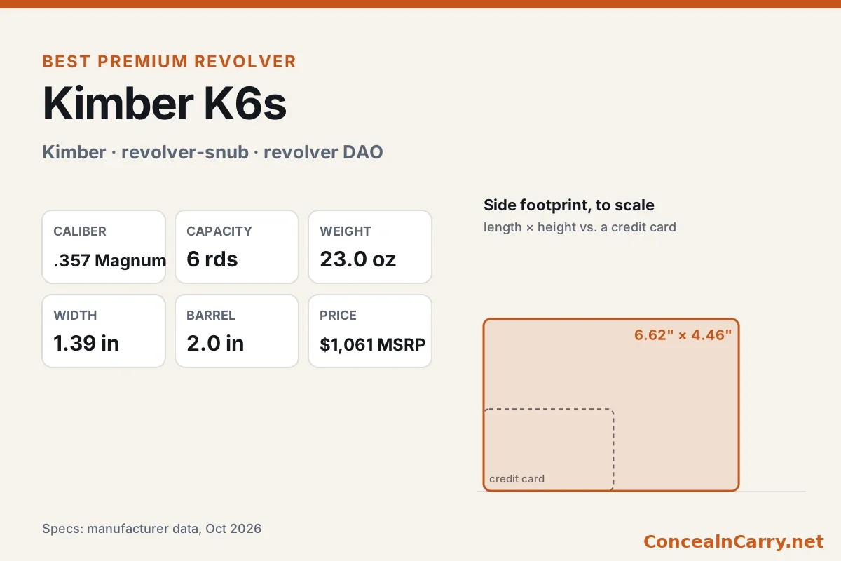 Kimber K6s specifications and size compared with a credit card