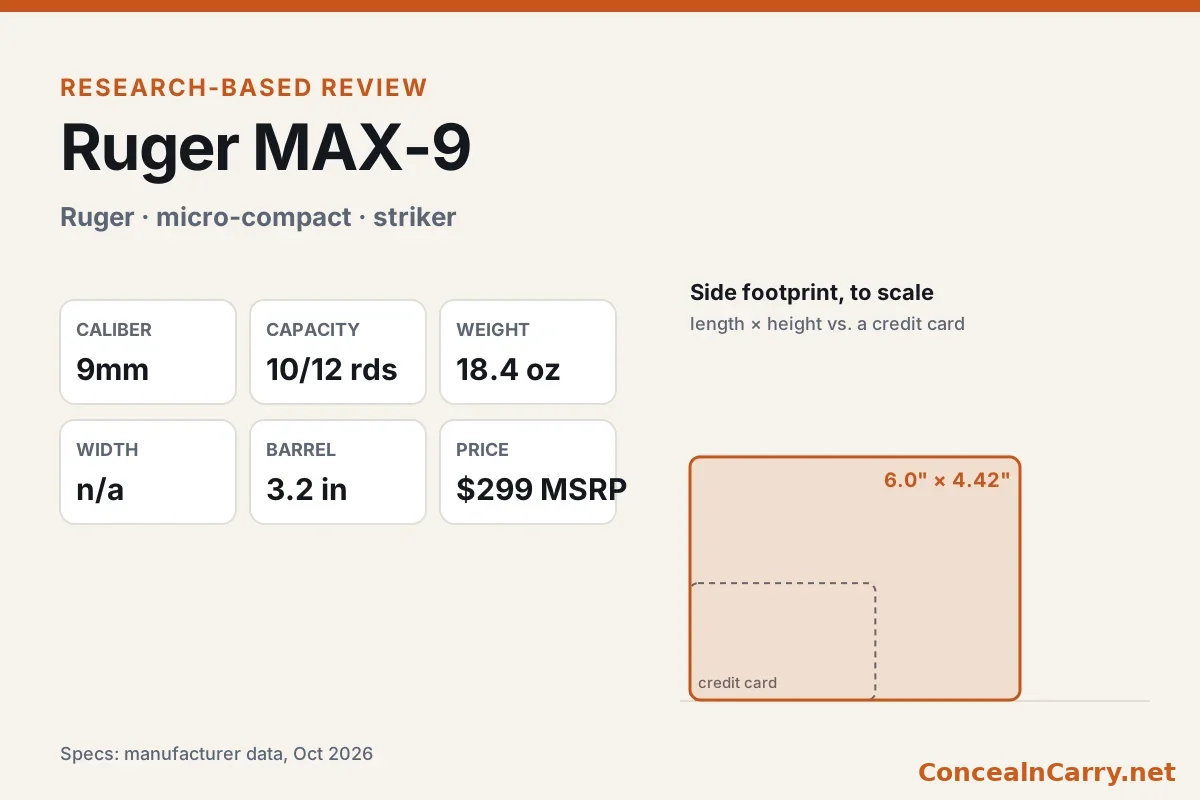Ruger MAX-9 specifications and side footprint compared with a credit card