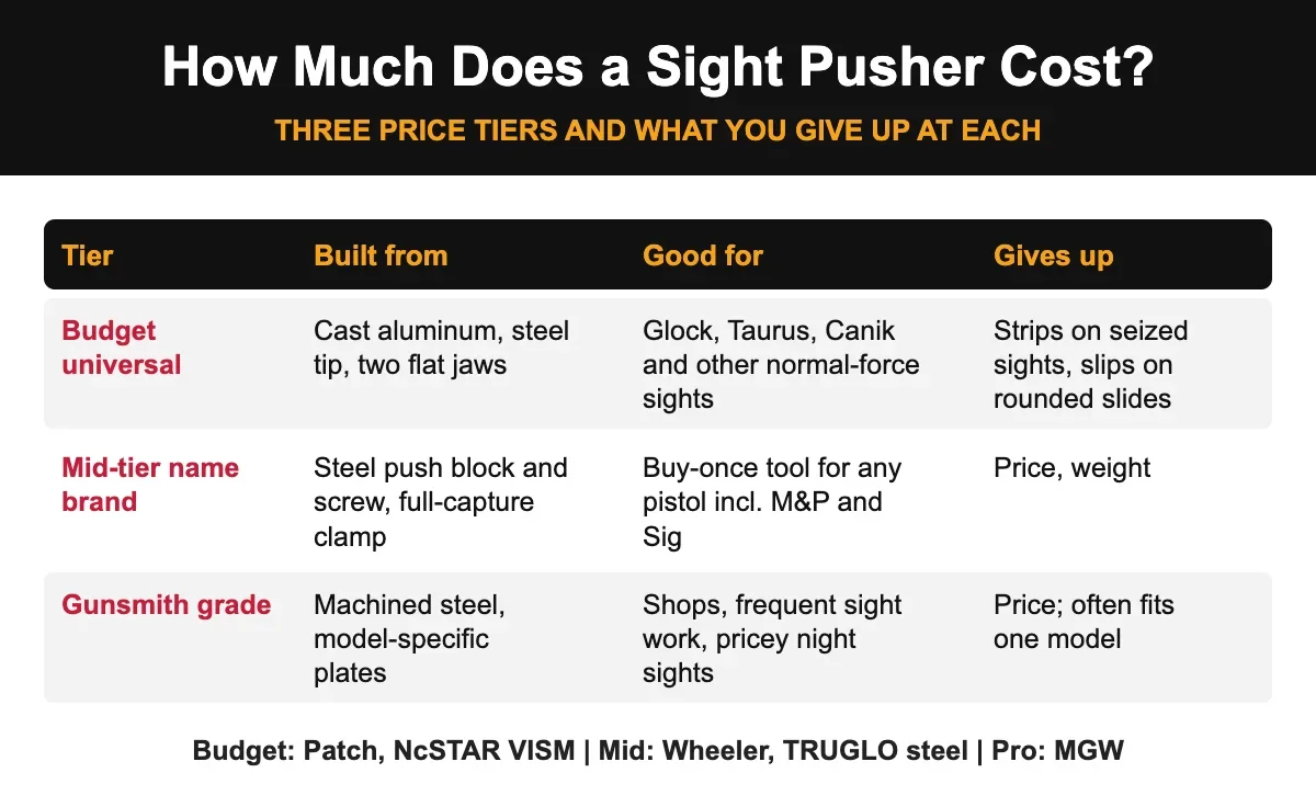 Sight pusher cost infographic comparing budget, mid-tier and gunsmith-grade sight pusher tools