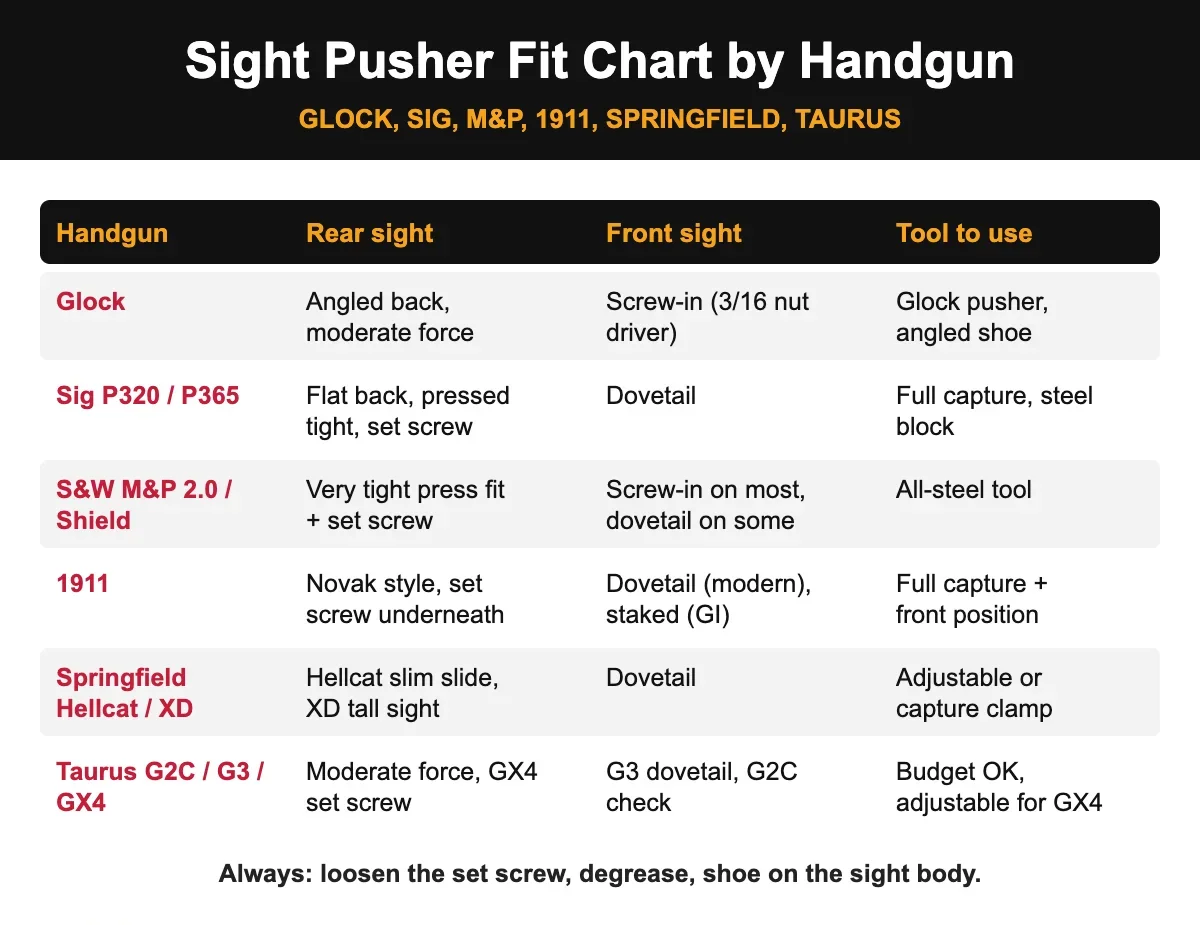Sight pusher fit chart by handgun: Glock, Sig P320, M&P Shield, 1911, Springfield Hellcat and Taurus G3 rear and front sight types
