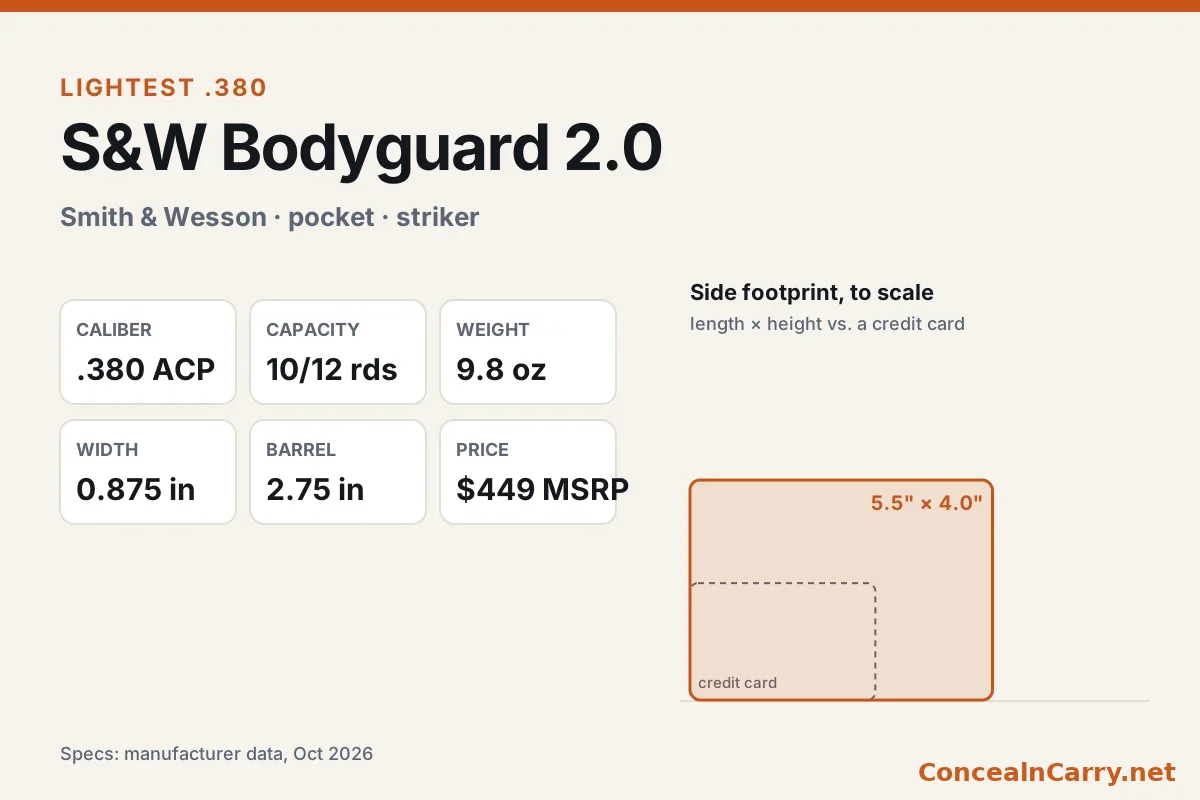 S&W Bodyguard 2.0 specifications and size compared with a credit card